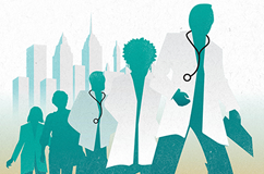 An illustration of silhouettes of doctors standing in front of a city landscape.